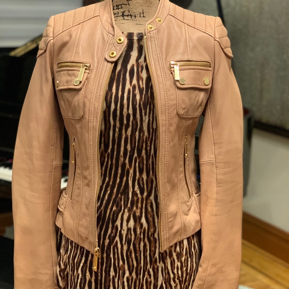 NEW! Tan Michael Kors crop leather jacket Sz XS